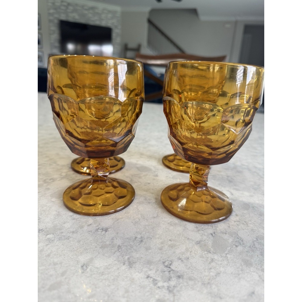 Set of 4 Amber Glass Wine Goblets Vintage Viking Glass Honey Amber Georgian